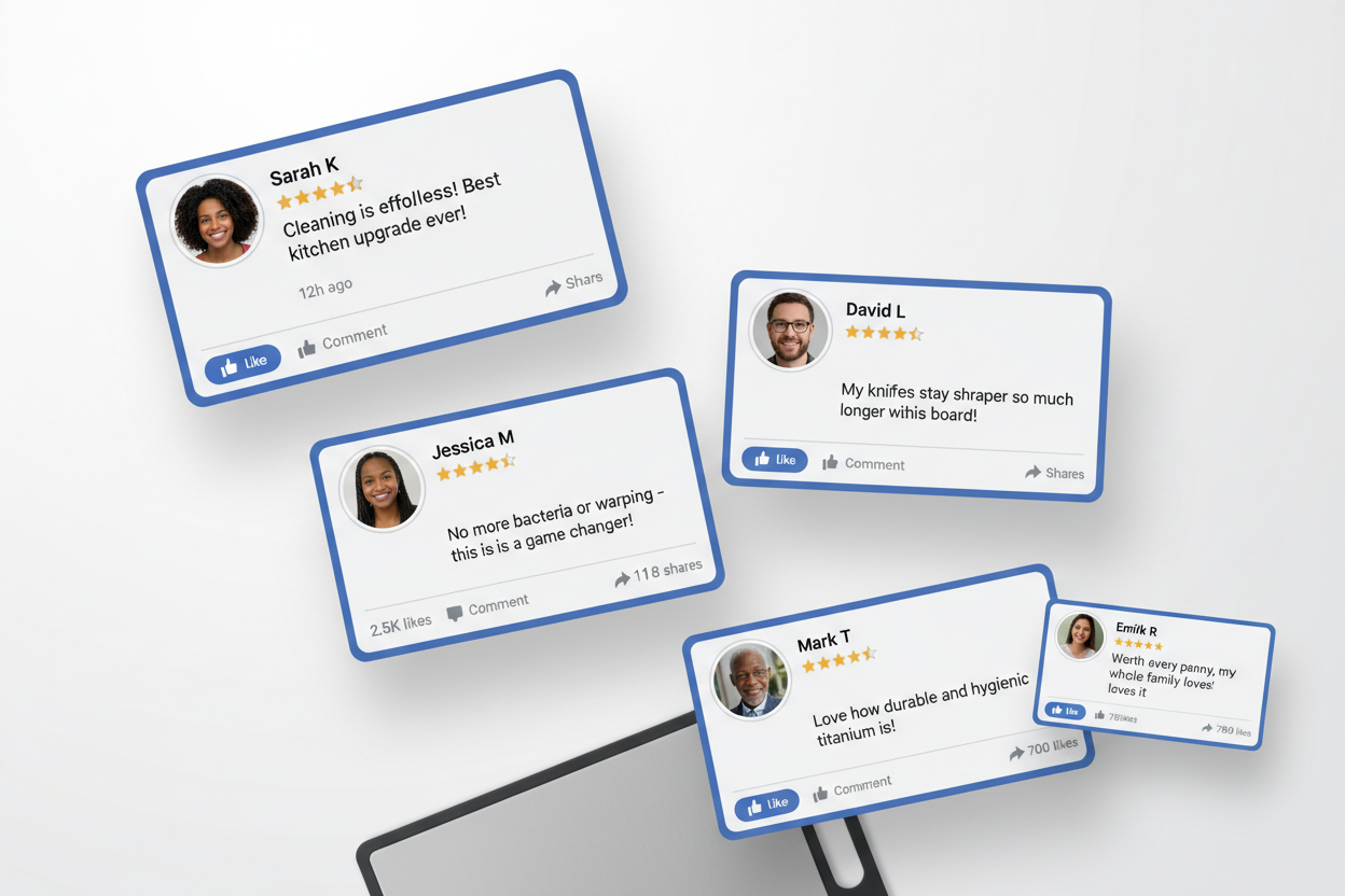 Create a realistic, visually appealing social media-style image showing multiple customer comments/testimonials about a titanium cutting board. Display 3–5 comment boxes resembling Facebook posts with profile icons, names, and text praising the product. Include statements like: “Cleaning is effortless!”, “Knives stay sharper longer!”, “No more bacteria or warping!”. Style: modern, clean, bright, readable text, social media interface aesthetic, realistic shadows and highlights, professional presentation.